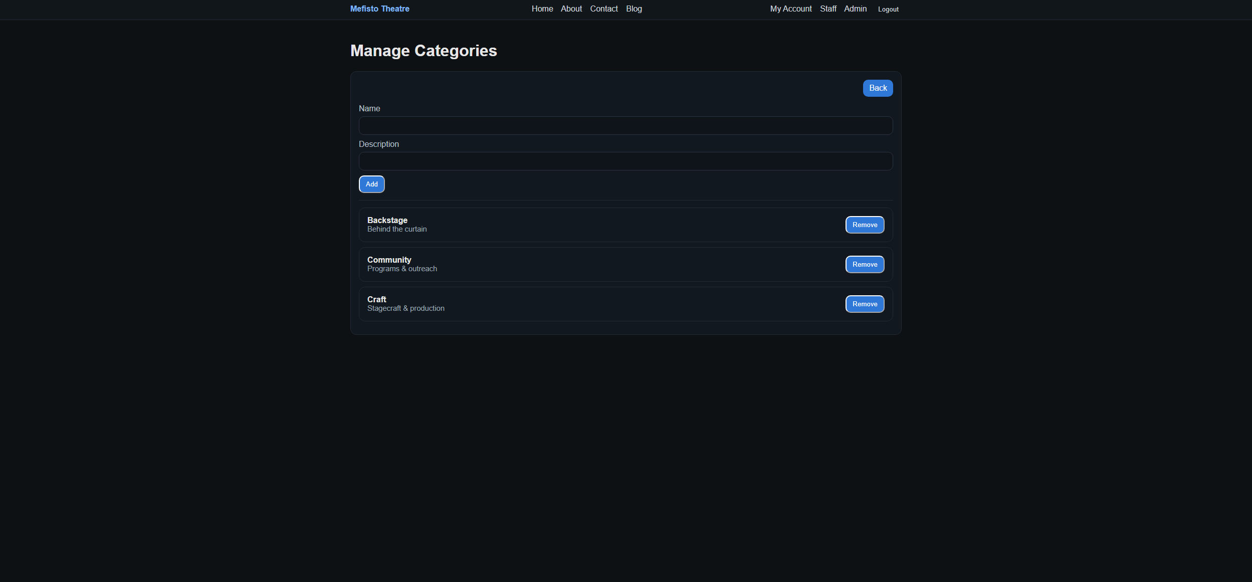 Mefisto Theatre manage categories